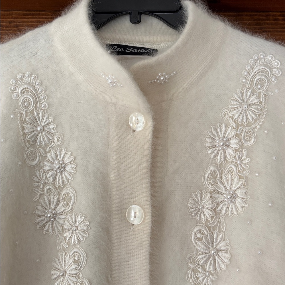 Ivory Embroidered Angora Cardigan OS - Picture 3 of 9